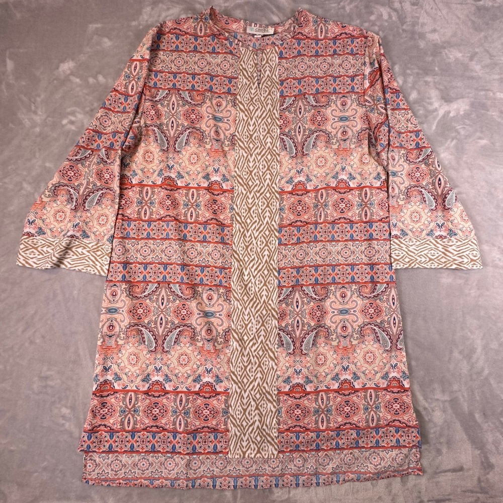 Coolibar Oceanside Tunic Dress UPF 50+ Women XL Paisley Coral Blue 3/4 Sleeve